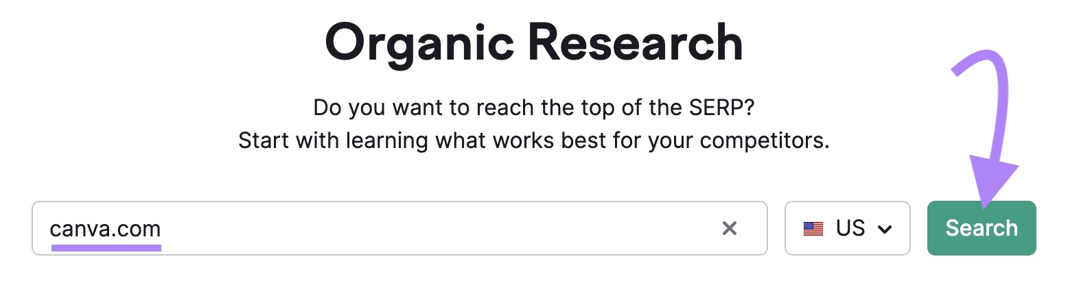 Organic Rankings tool with "canva.com” entered as the domain.