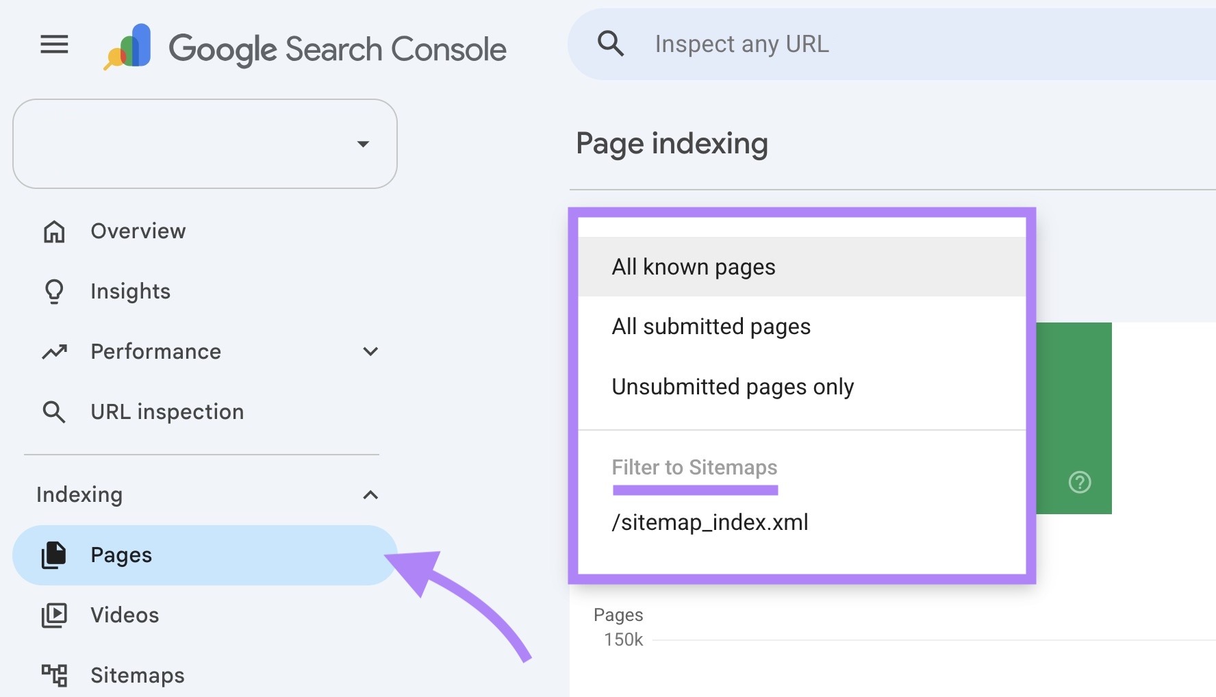 "Pages" on Google Search Console with the "Filter to Sitemaps" section highlighted.