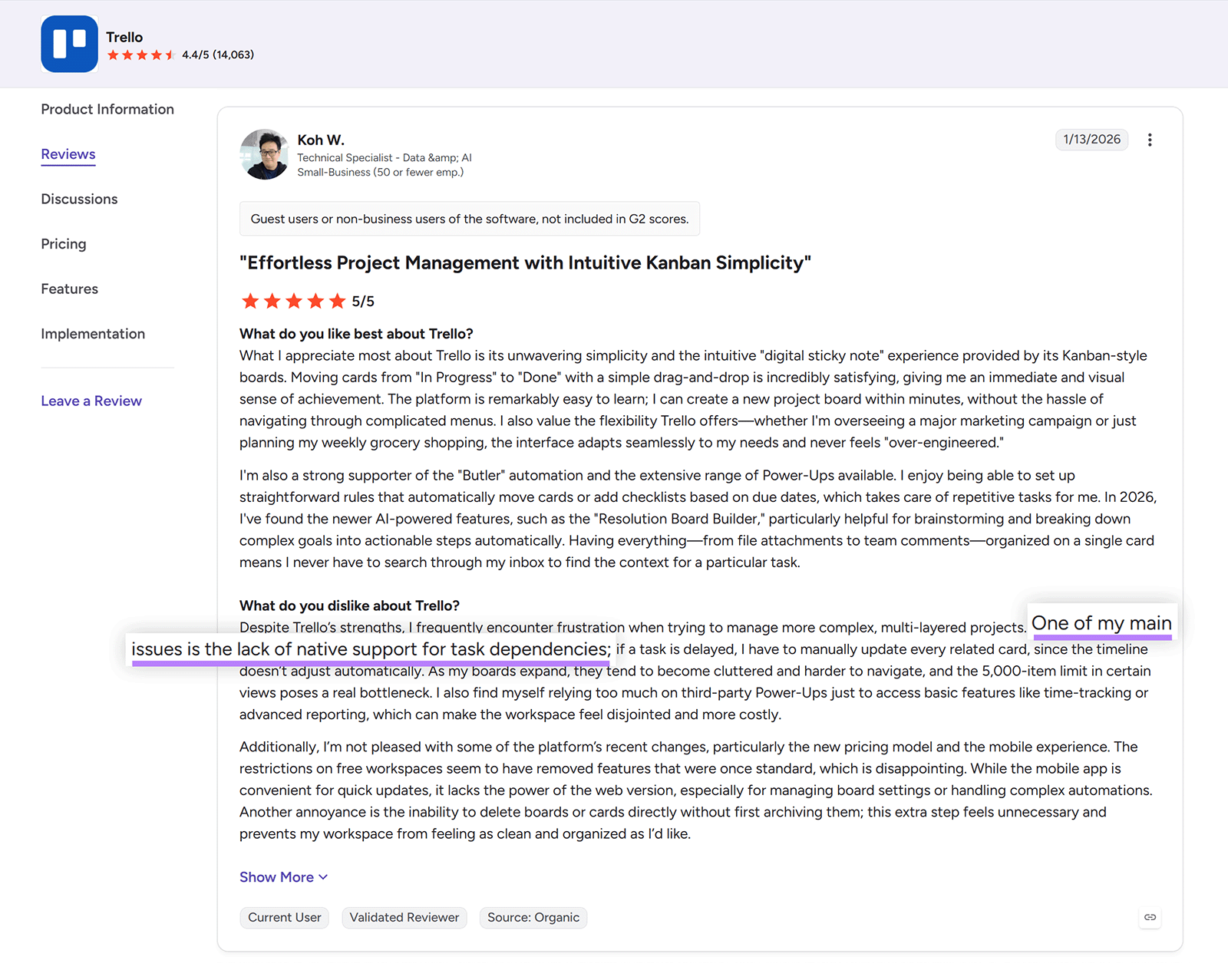 G2 Trello customer review highlighting a complaint about the lack of native support for task dependencies