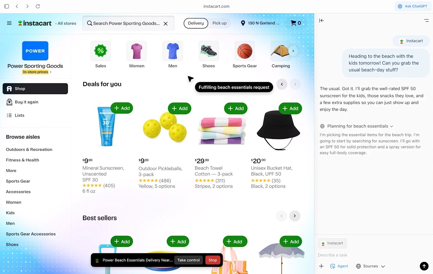 Using a ChatGPT prompt to make a purchase on Instacart.