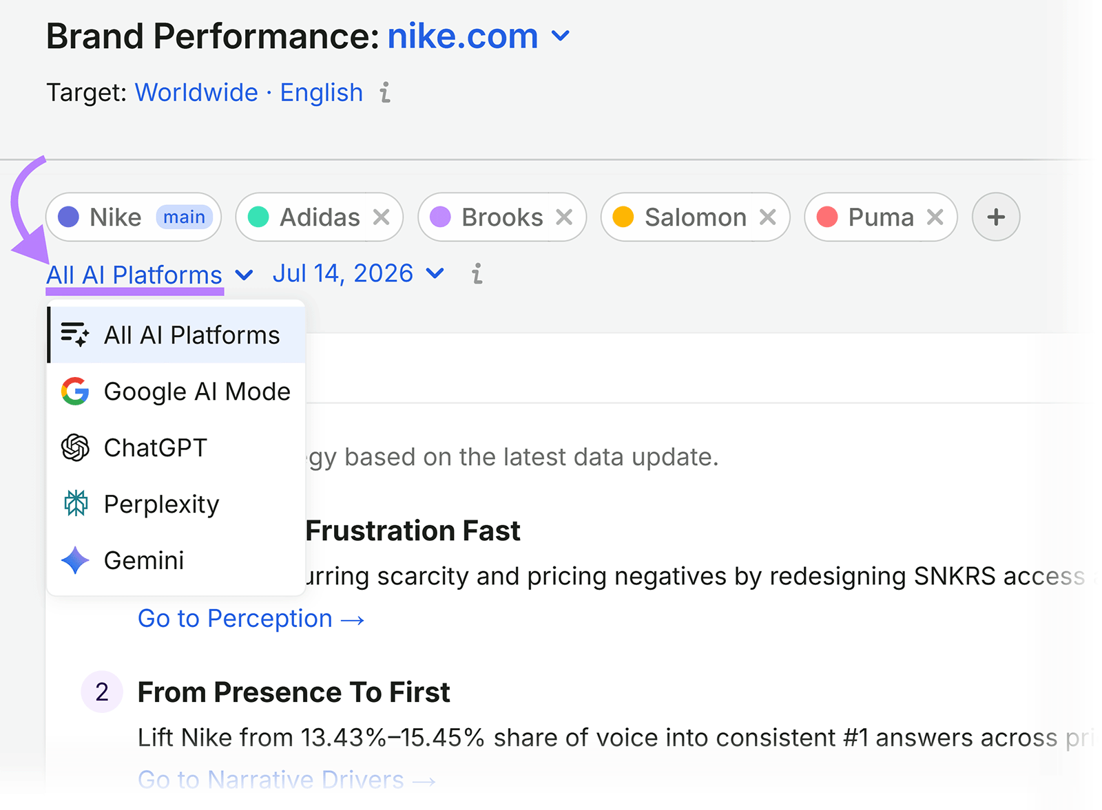 AI platform filter menu with options for all platforms, Google AI Mode, ChatGPT, Perplexity, and Gemini
