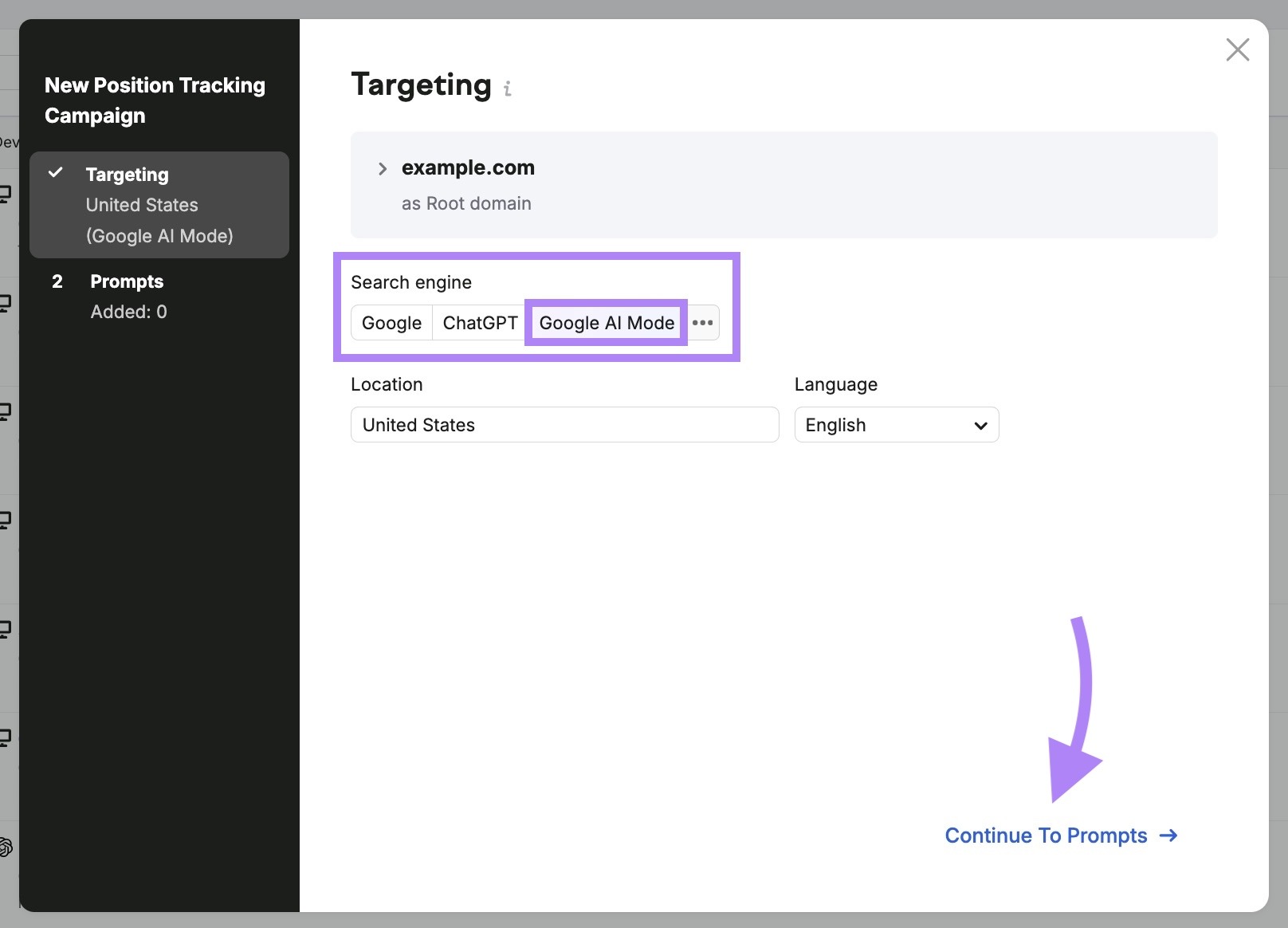 Position Tracking targeting settings with "Google AI Mode' selected as the search engine and "Continue to Prompts" clicked.