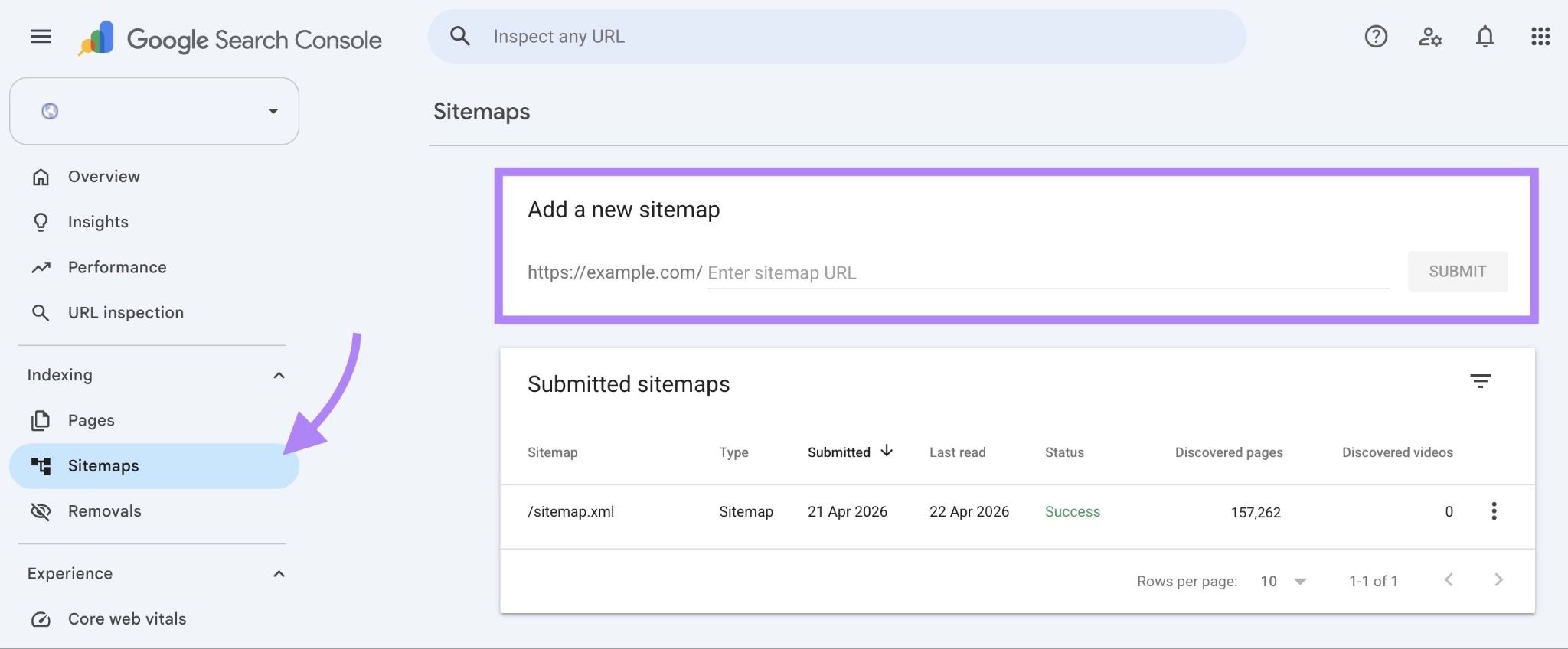 "Sitemaps" on Google Search Console with the "Add a new sitemap" section highlighted.
