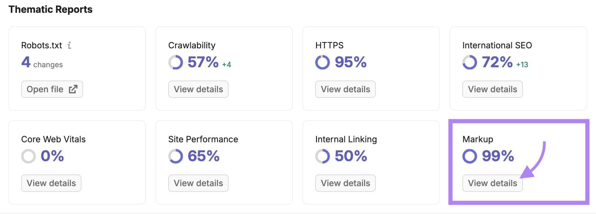 Thematic Reports on Site Audit with "View details" under Markup clicked.