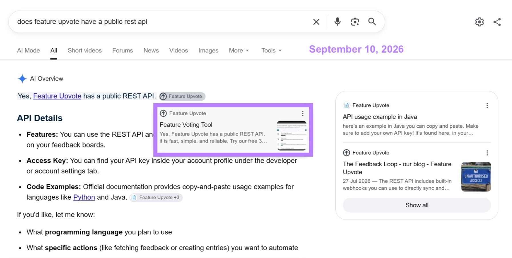 Google SERP on September 10, 2026 with a citation of Feature Upvote’s page highlighted.