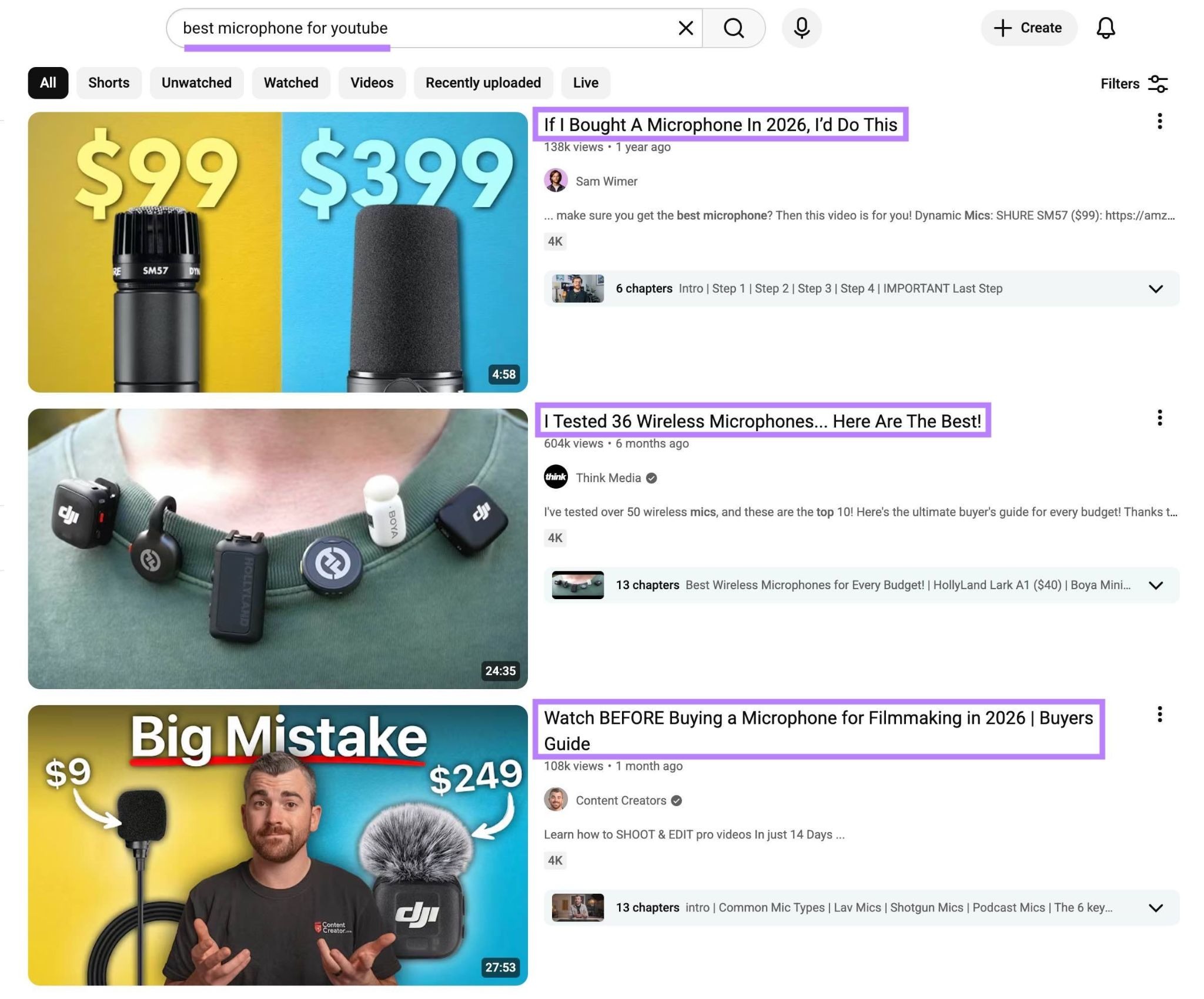 YouTube SERP with "best microphone for youtube" entered with the titles of the top three video results highlighted.