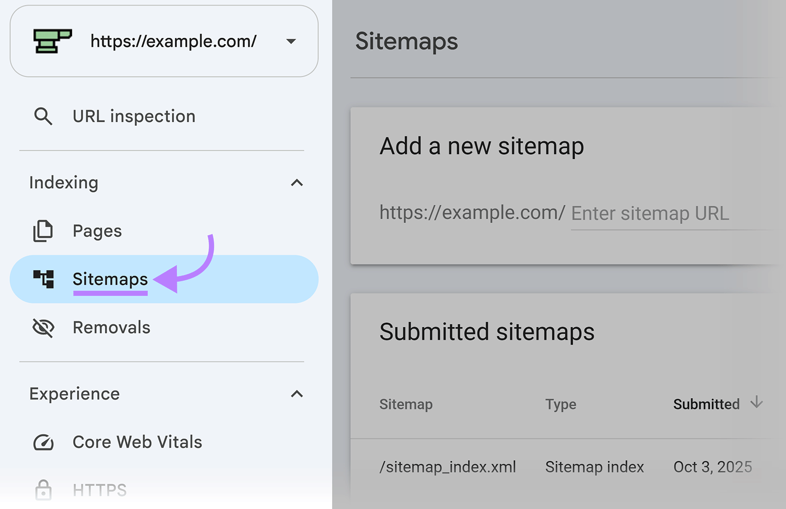 Google Search Console navigation with Sitemaps highlighted and options to add or view submitted sitemaps