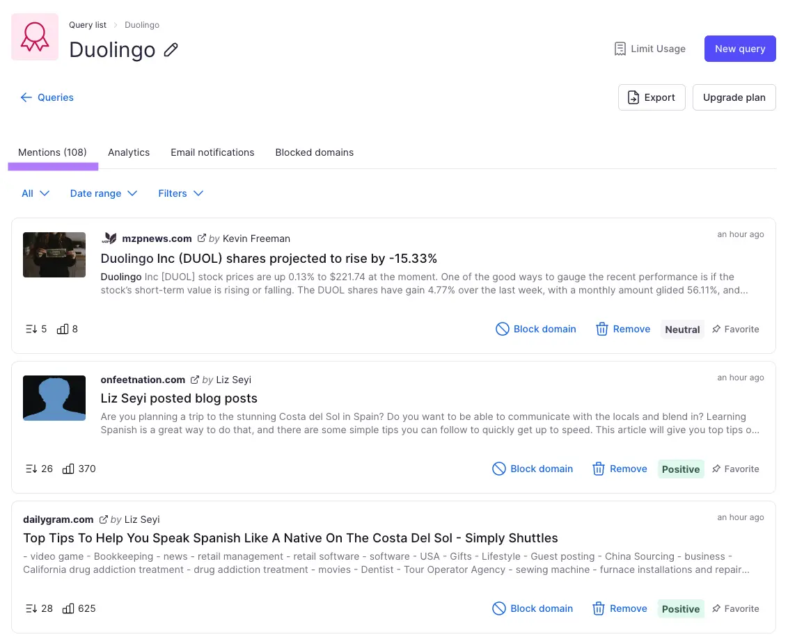 Brand Monitoring dashboard showing Mentions tab for Duolingo query
