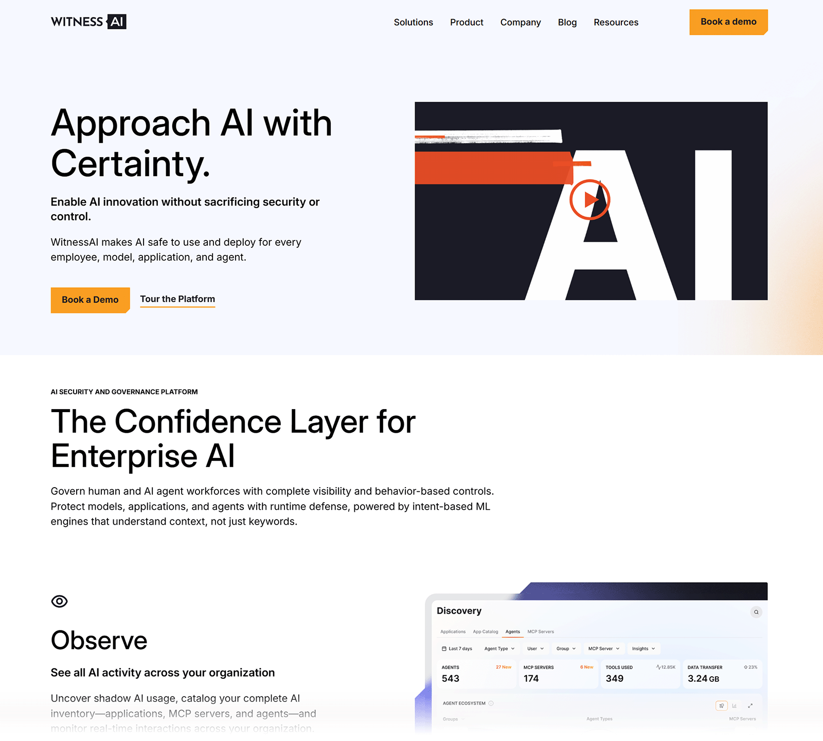 WitnessAI homepage highlighting enterprise AI security and governance platform