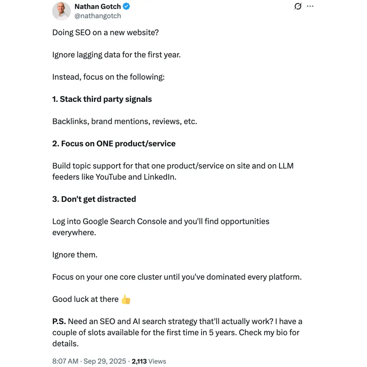 Nathan Gotch X post recommending that those optimizing new websites prioritize building authority around a single topic or service line for best results