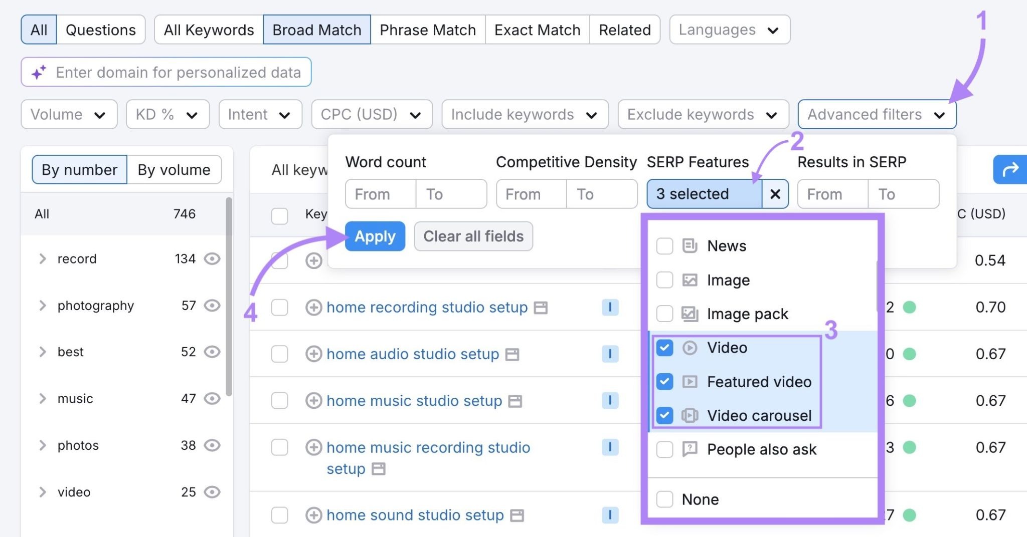 Applying a filter on the Keyword Magic Tool to only show keywords triggering a video, featured video, or video carousel on the SERP.