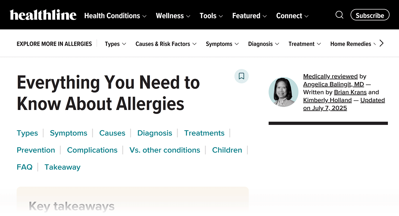 Healthline pillar page about allergies with links to sections on types, symptoms, causes, diagnosis, treatments, and more