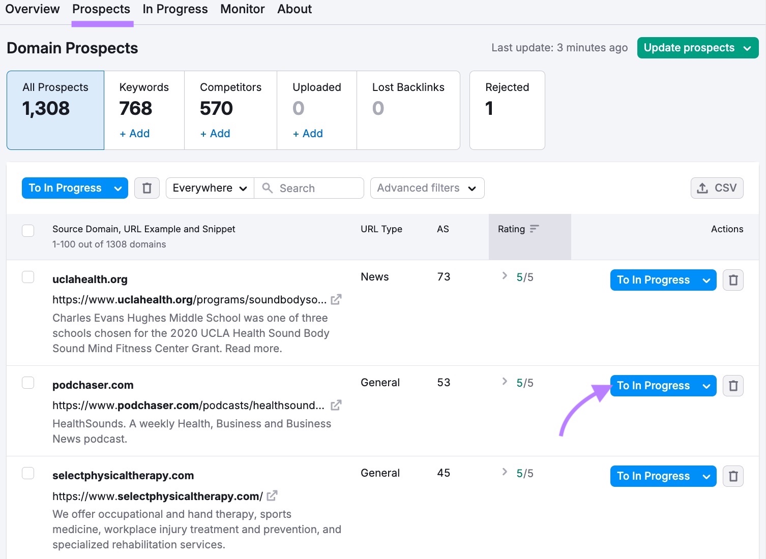 Prospects tab on the Link Building tool with "To In Progress" next to a promising option clicked.