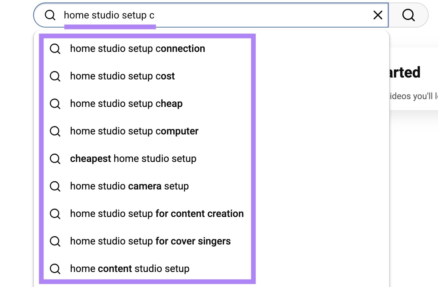 YouTube SERP with "home studio setup c" entered as the term along with the list of autocomplete suggestions highlighted.
