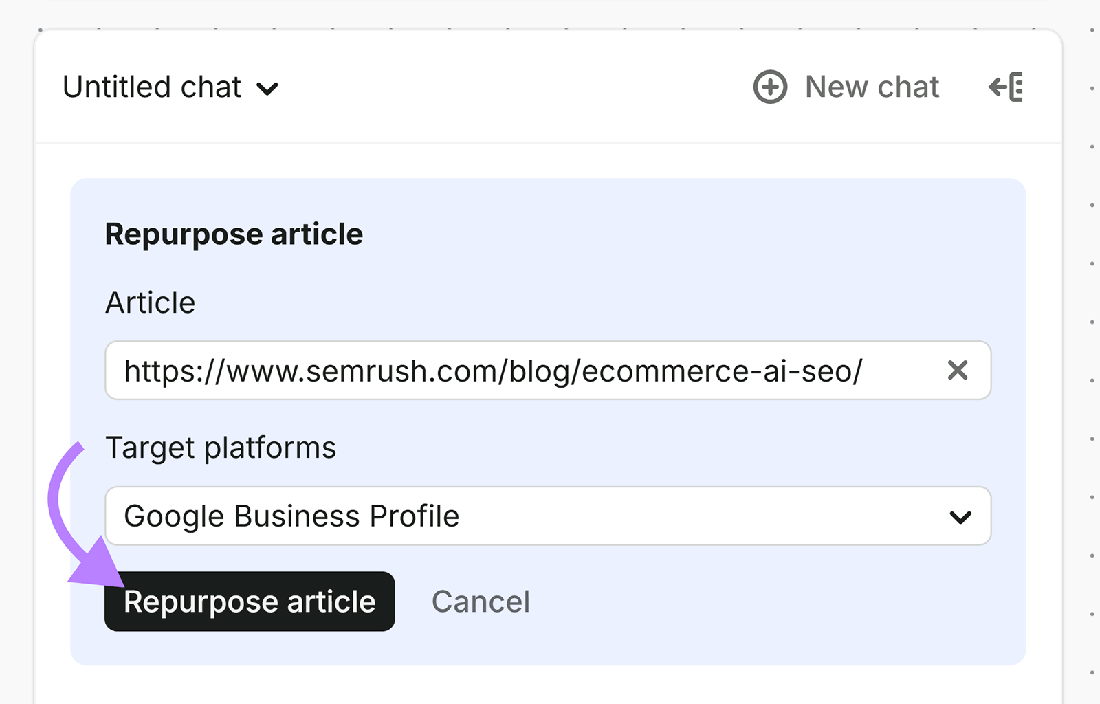 Semrush Content Toolkit form for repurposing an article as a Google Business Profile post