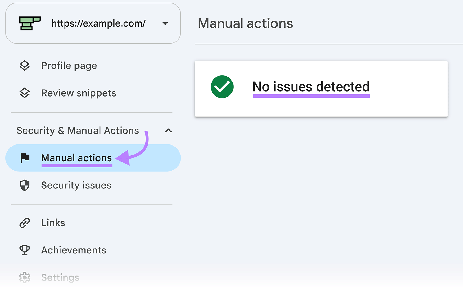 Google Search Console Manual actions report showing no issues detected