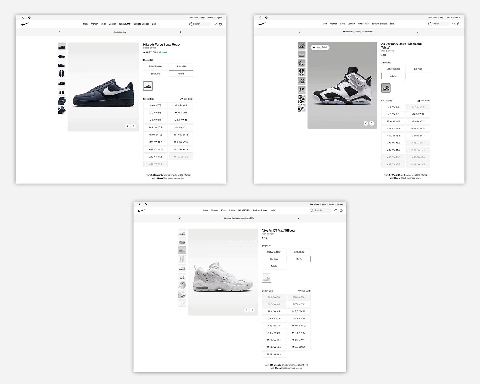 Nike product page templates for Air Force 1, Air Jordan 6, and Air Max '96 Low shoes