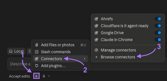 The "+" button clicked, "Connectors" expanded, and "Browse connectors" selected from the options.