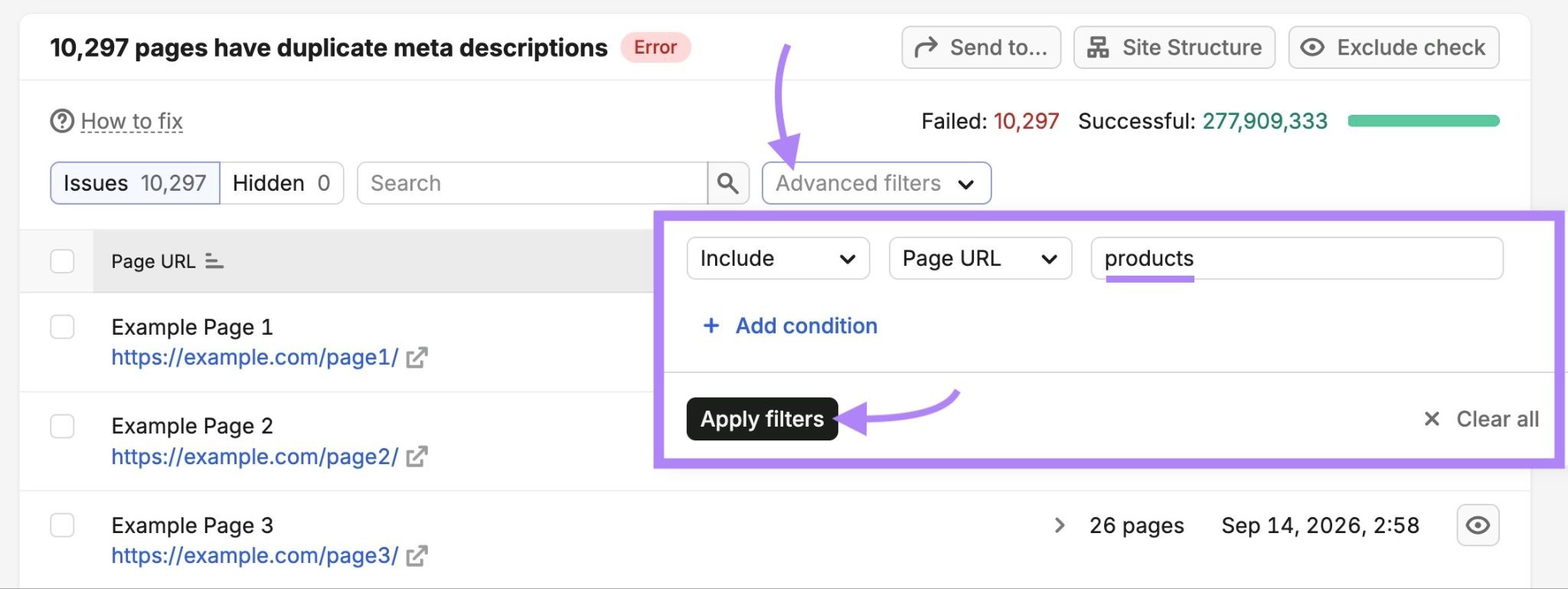 Applying an advanced filter on Site Audit to include page URLs which contain the word "products".
