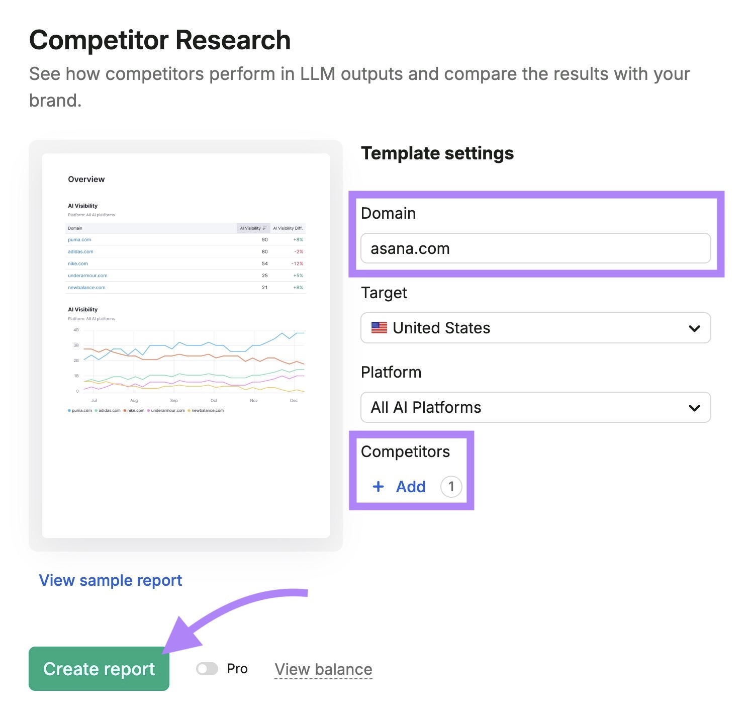 Competitor Research report settings with a domain and competitor entered and "Create report" clicked.