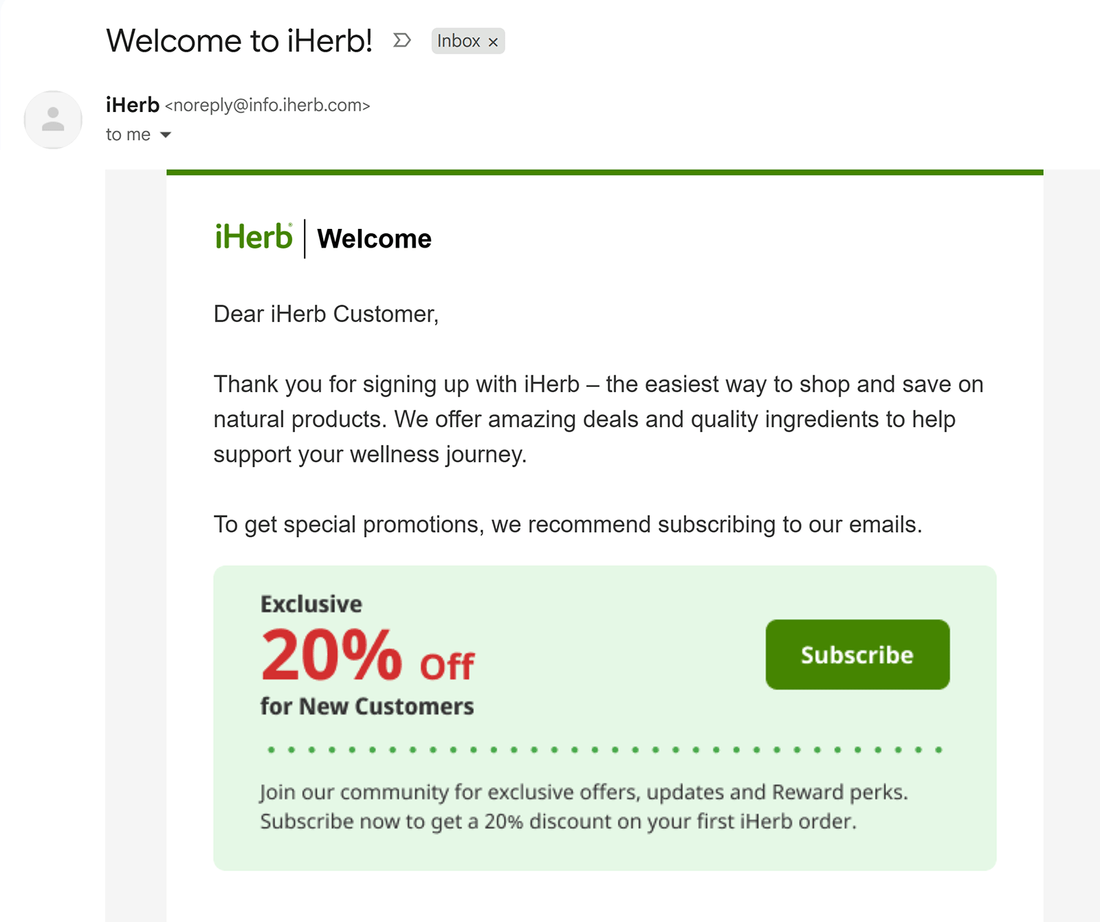 iHerb welcome email offering a 20% discount for new customer email subscriptions