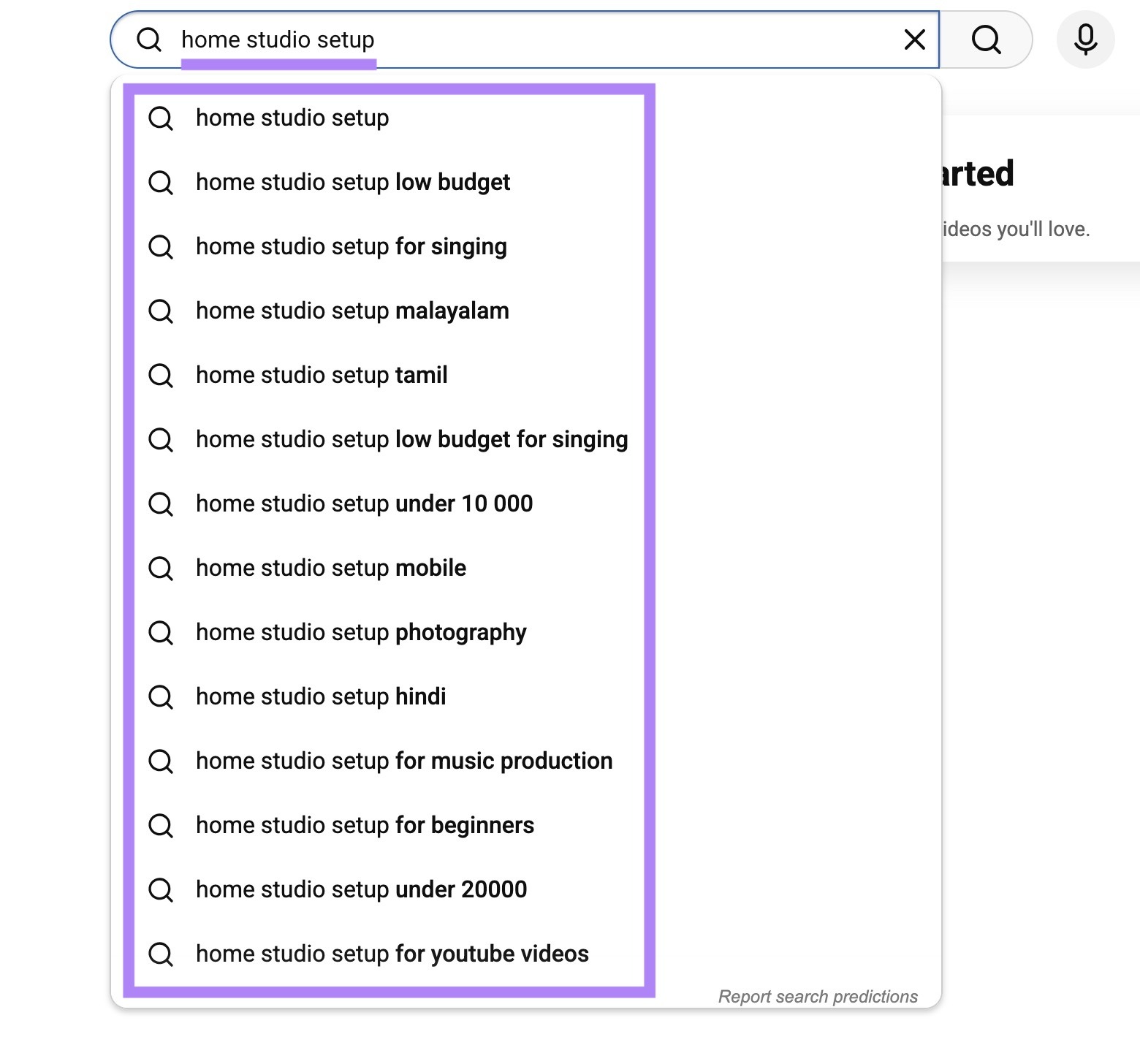 YouTube SERP with "home studio setup" entered as the term along with the list of autocomplete suggestions highlighted.