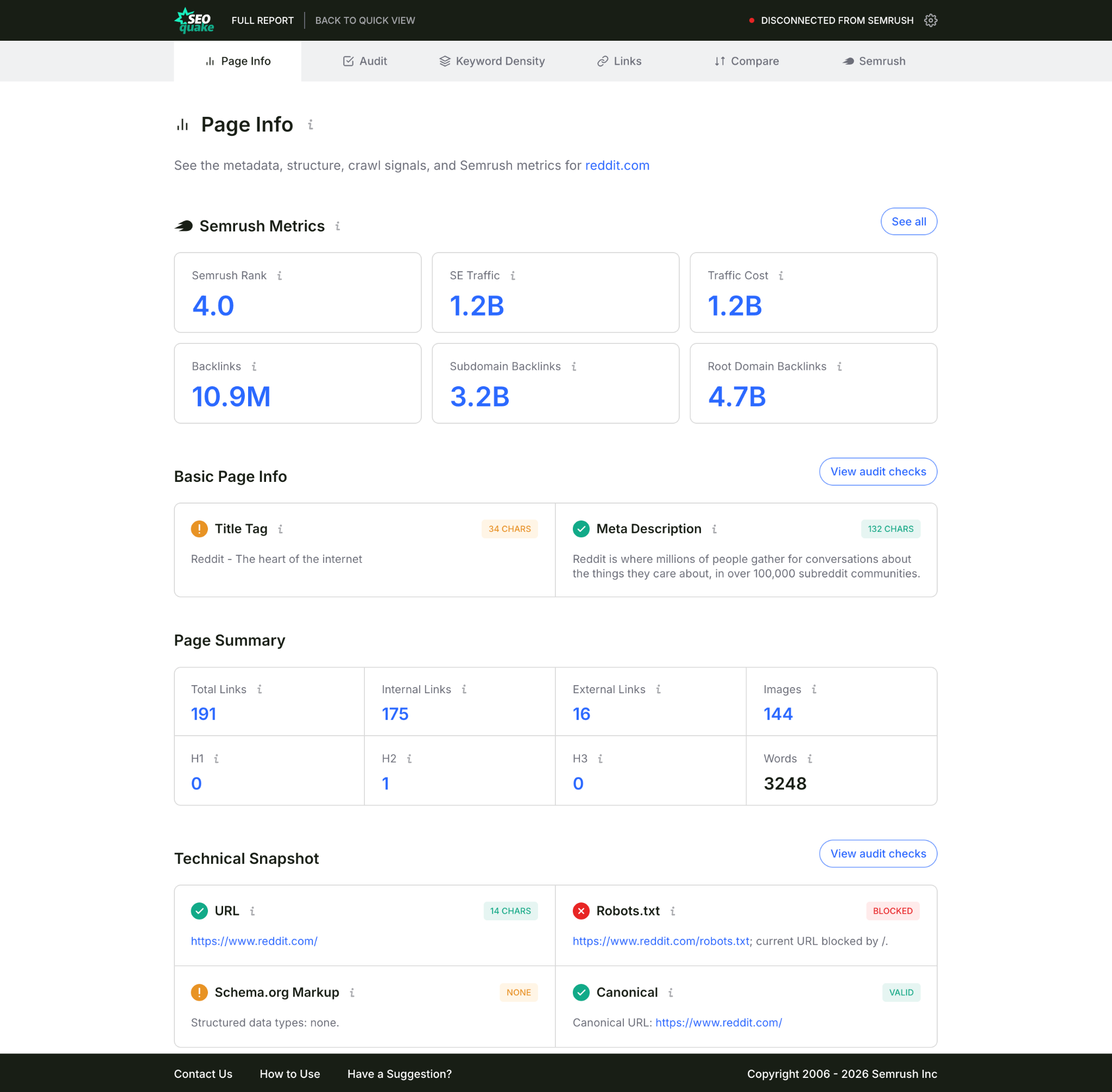 SEOquake full report