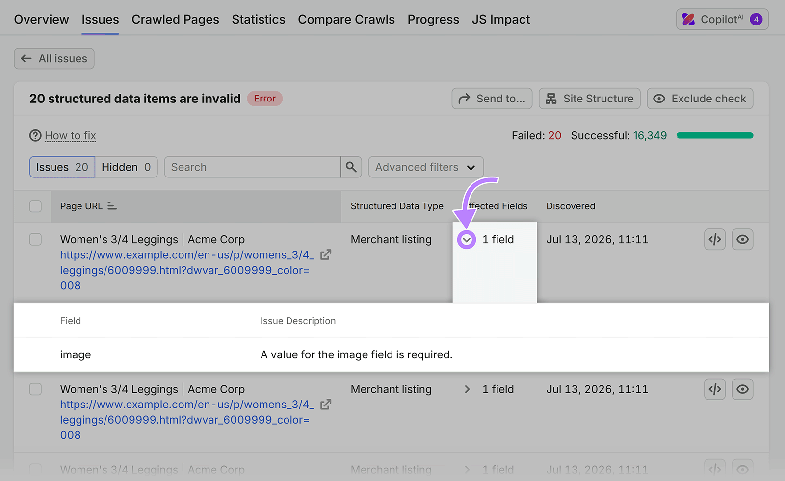 Semrush Site Audit issue showing 20 invalid merchant listing items caused by a missing required image field