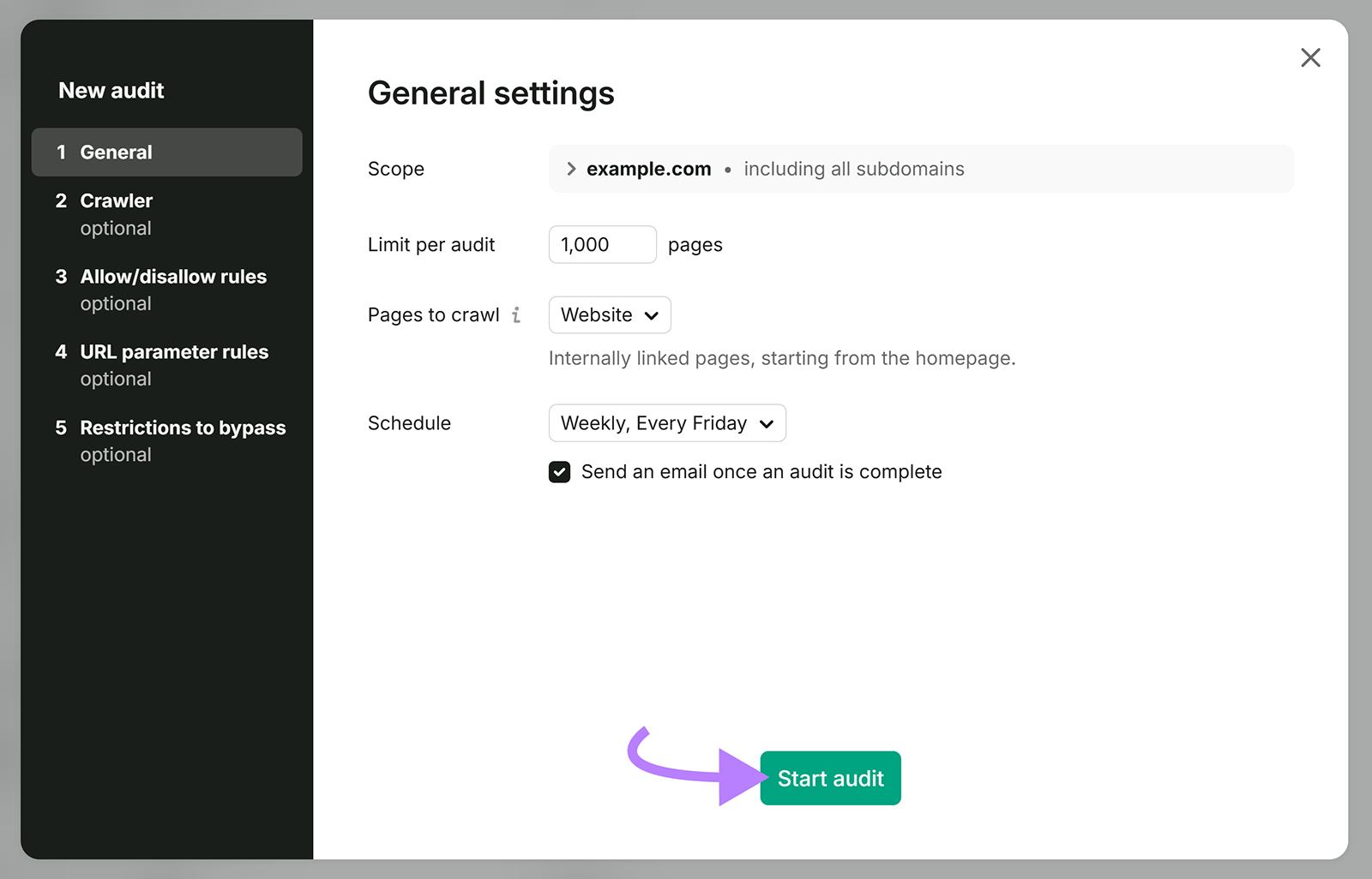 Semrush Site Audit setup with crawl scope, page limit, weekly schedule, and Start audit button
