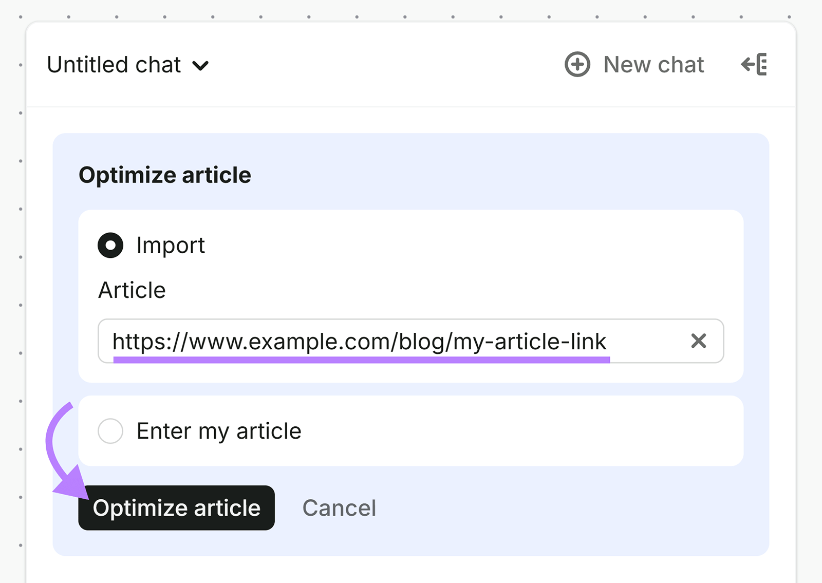 Semrush Content Optimizer import screen with an article URL and the Optimize article button highlighted