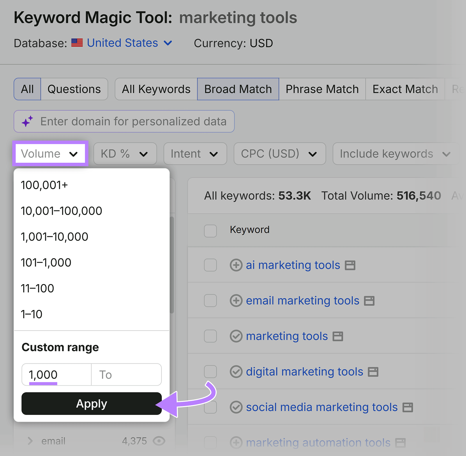 Semrush Keyword Magic Tool volume filter with a custom minimum of 1,000 and the Apply button highlighted