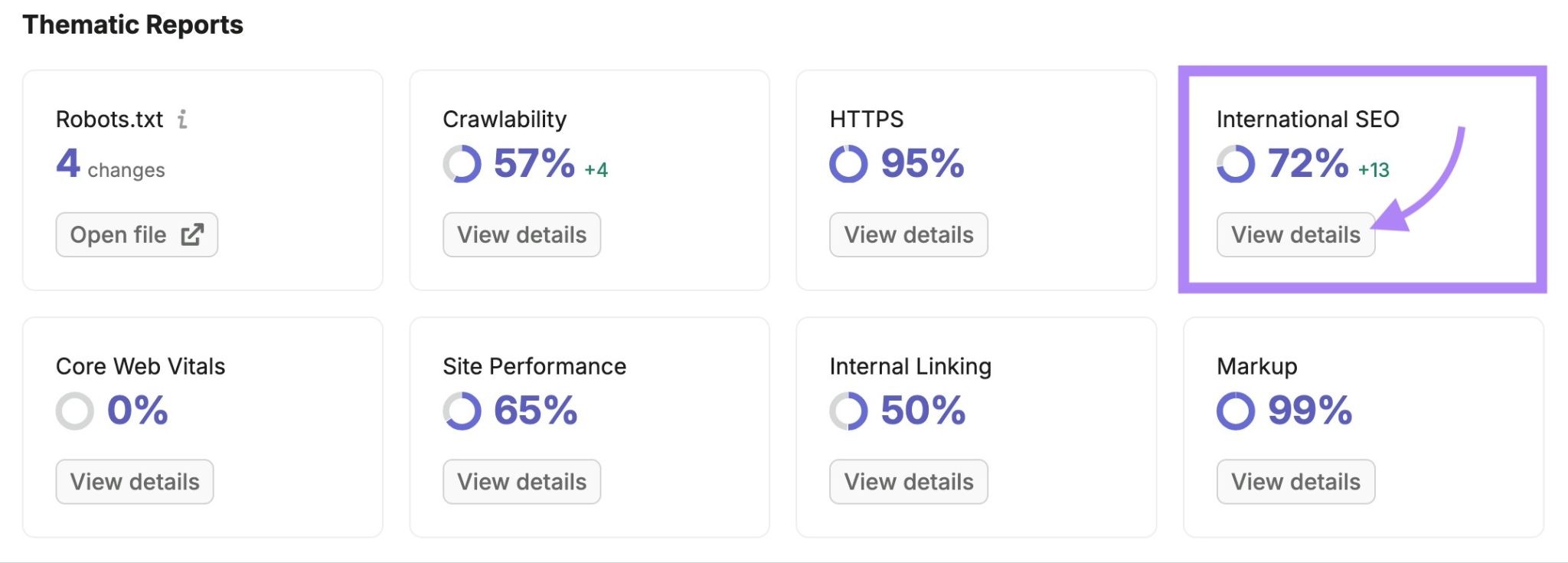 Thematic Reports on Site Audit with "View details" under International SEO clicked.