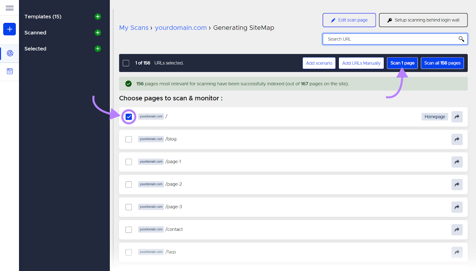 choose pages to scan and monitor in Accessibility Scan & Monitor app