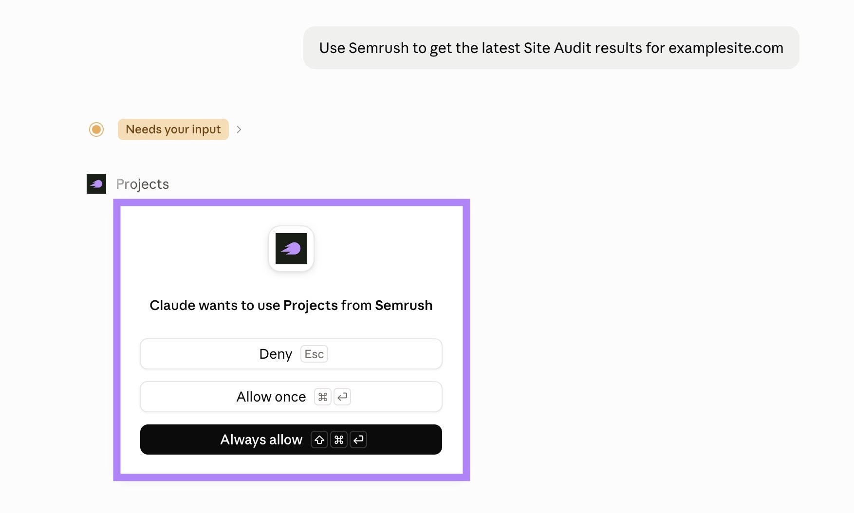 A prompt on Claude asking to use Semrush to get the latest results for a domain with the permission window highlighted.