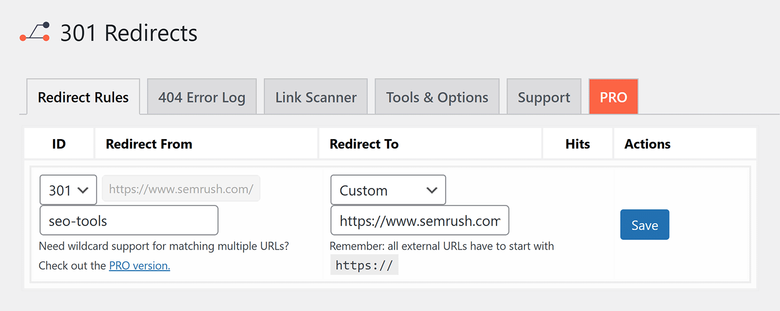 301 redirect plugin interface with URL path entered and custom destination set to sr03.amztools.in URL.