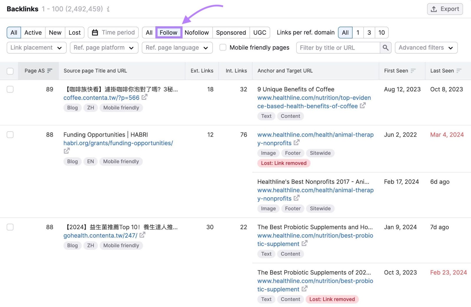 a list of dofollow backlinks in Backlinks tool