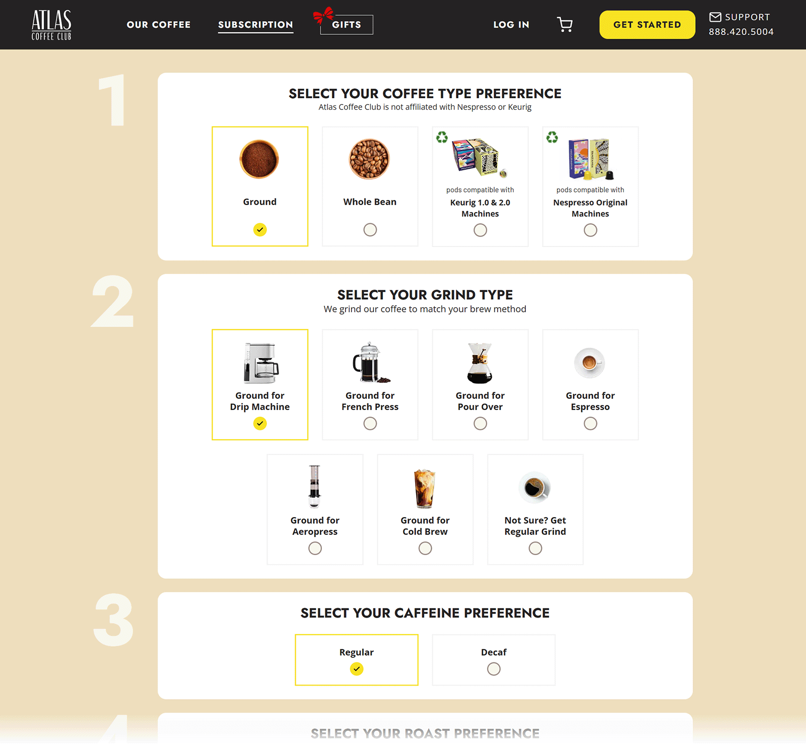 Atlas Coffee Club subscription quiz with coffee type, grind type, and caffeine preference options