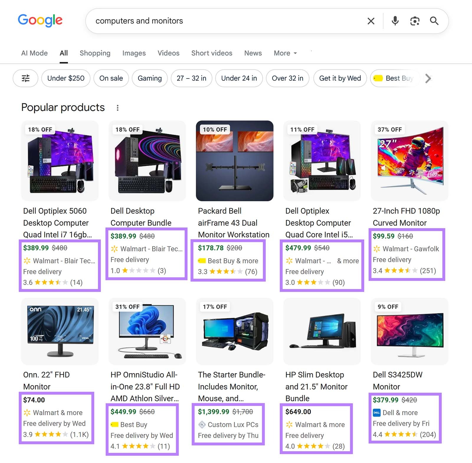 Google product carousel for computers and monitors showing prices, sellers, delivery details, ratings, and review counts