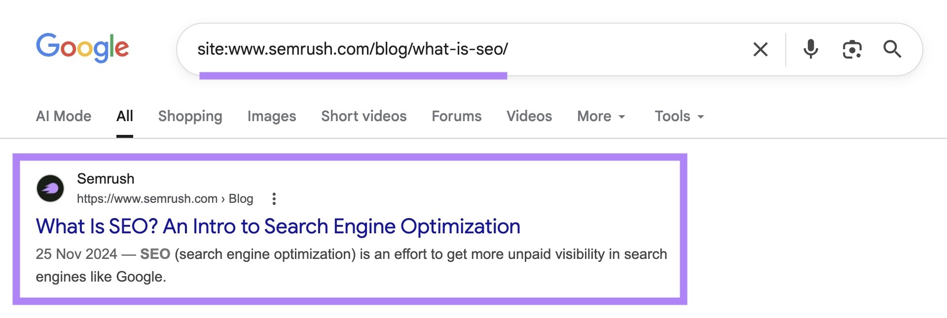 SERP for “site:sr03.amztools.in/blog/what-is-seo/” with the top result highlighted.