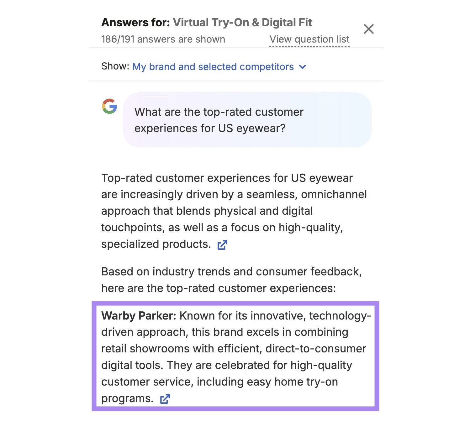 A prompt and response on Key Business Drivers by Frequency with the section mentioning the tracked brand, Warby Parker, highlighted.