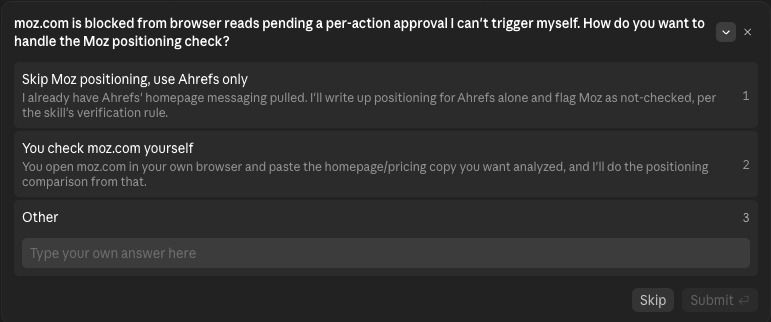 A message showing a site, "moz.com", blocking Claude crawlers.