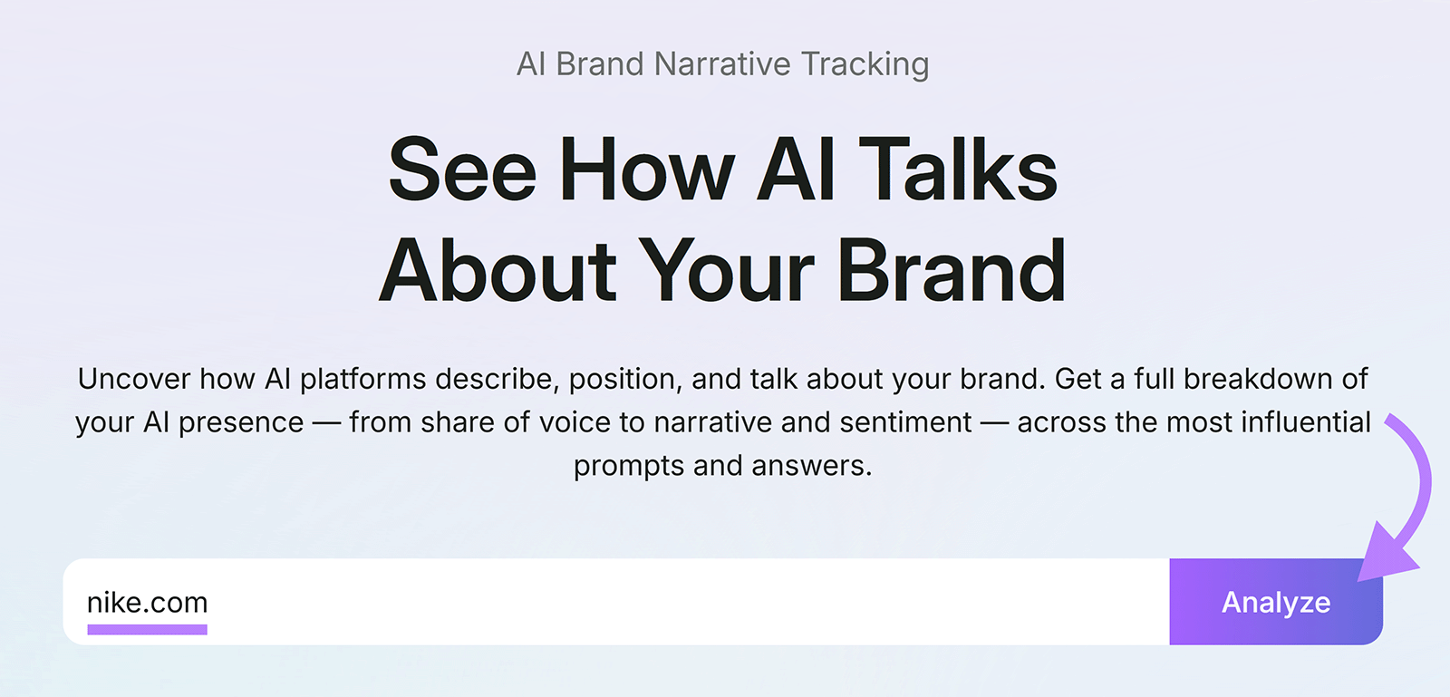 AI Brand Narrative Tracking page with a field to enter a domain and analyze how AI talks about the brand