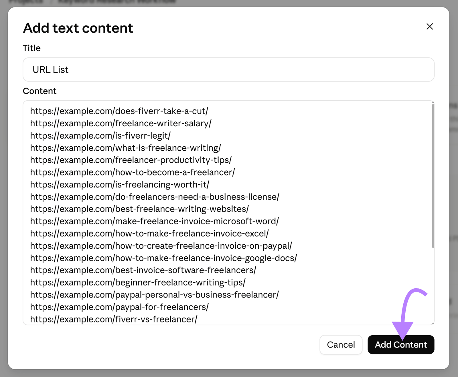 Claude Add text content window containing a list of existing website URLs, with the Add Content button highlighted