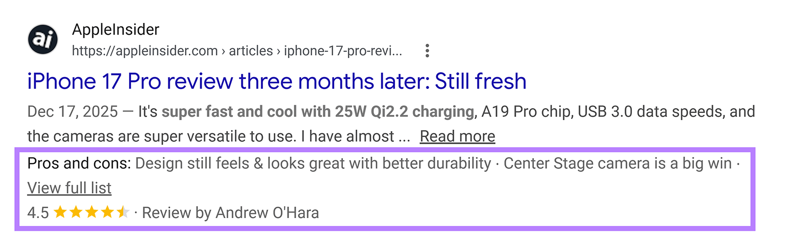 Google result for an iPhone 17 Pro review showing pros and cons, a 4.5-star rating, and reviewer details