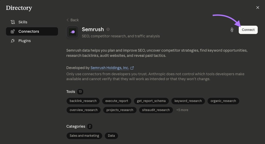 The Semrush Connector on the Claude directory with "Connect" clicked.