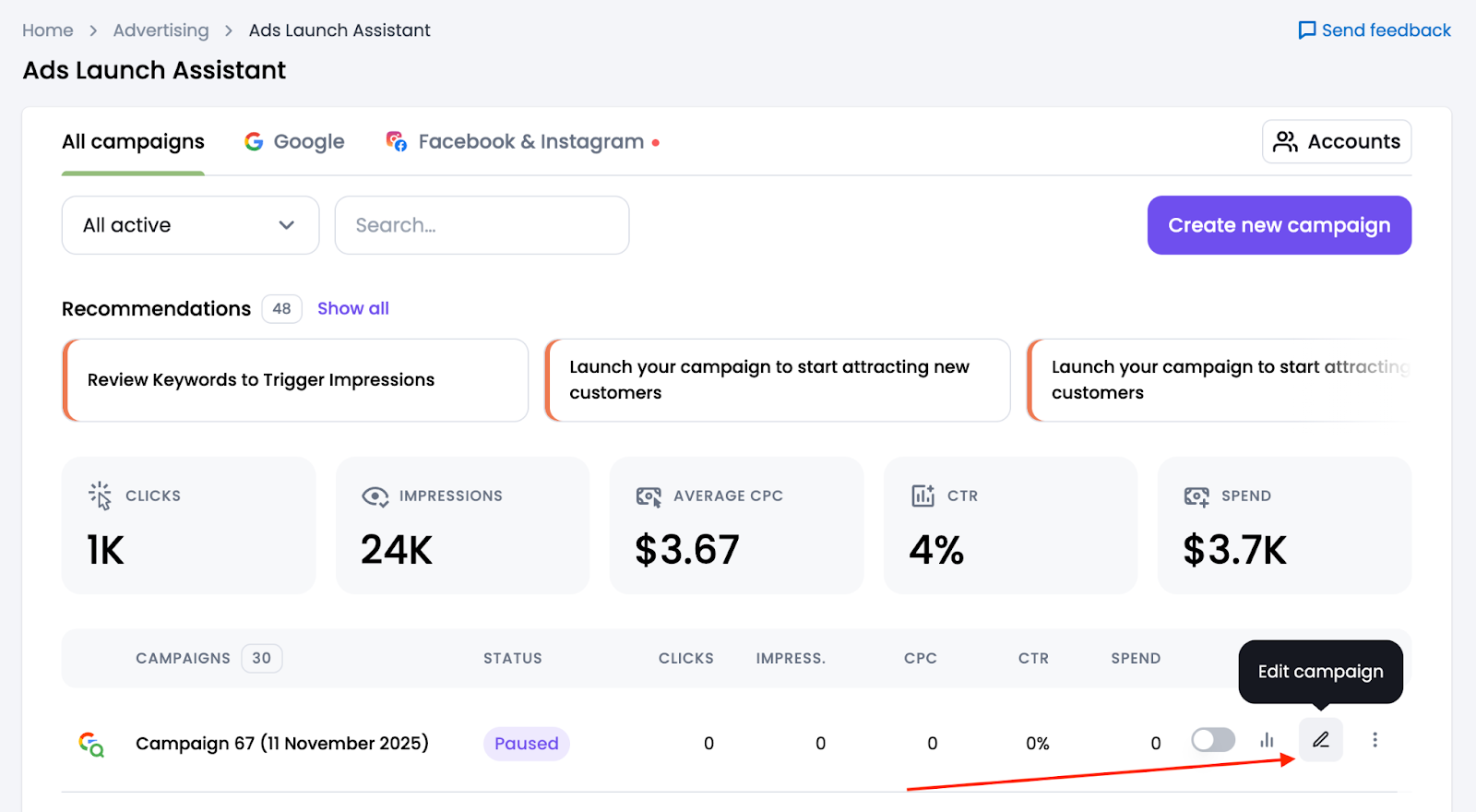 Edit button that shows advanced Google Ads options.
